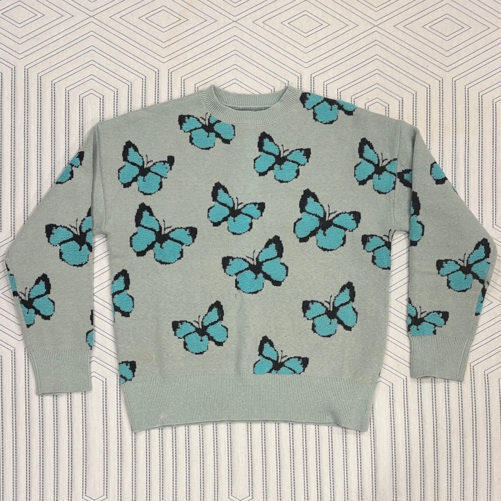 Women’s Crewneck Pullover Sweater | Gray & Blue/Green Butterfly Pattern | Medium